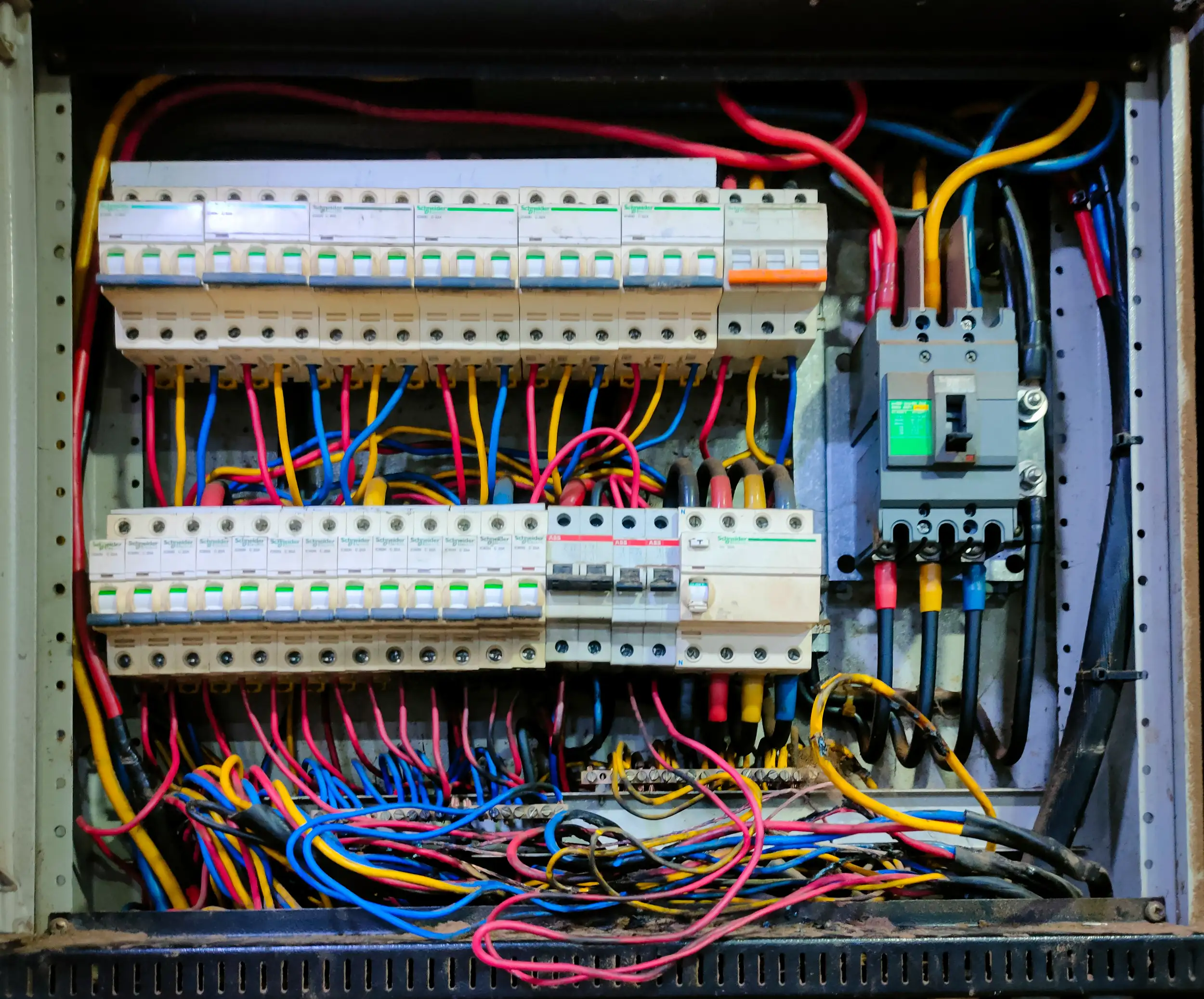 An electrical station switchboard with bunch of wires intertwine.