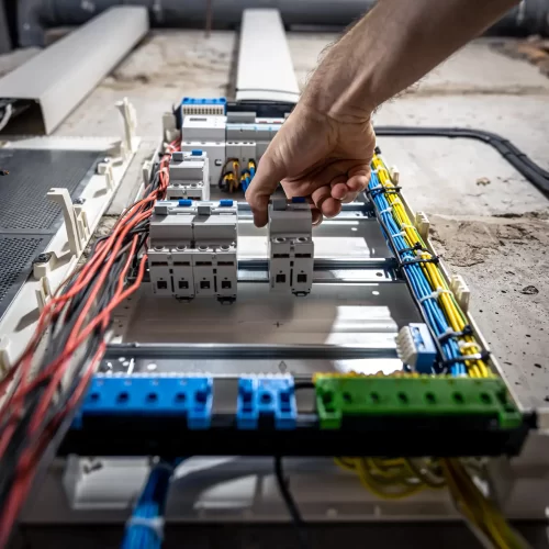 A zoomed image of a hand turning on the plank of a electric station